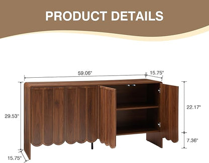 ORRD Sideboard Buffet Cabinet, Accent Storage Cabinets with 4 Doors, Farmhouse Wood Cabinet with Adjustable Shelves and Wave Panel for Living Room, Dining Room, Entry - Walnut