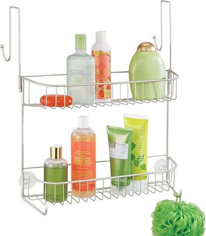 mDesign Extra Wide Metal Wire Over the Bathroom Shower Door Caddy, Hanging Storage Organizer with Built-In Hooks and Baskets on 2 Levels for Shampoo, Body Wash, Loofahs, Rust Resistant - Satin
