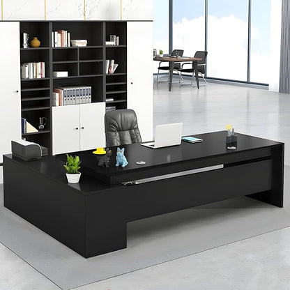 LITFAD Modern L-Shape Office Desk with Wood Base Executive Desks Boss Table Computer Desk Home Office Furniture with Drawers and Storage Shelves - Without Chairs 78.7" L x 31.5" W x 29.5" H Black
