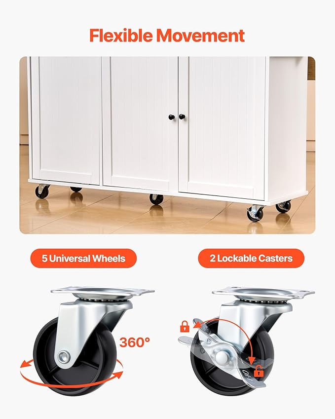 VEVOR Kitchen Island Cart with Storage, 60in Wide Mobile Kitchen Cart with Wheels, Drop Leaf, 2 Drawers, Trash Can Cabinet, Knife Holder, Spice Rack, and Towel Rack, Table for Dining Room, Pantry