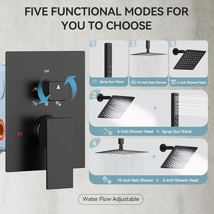 Shower Faucet Sets Matte Black Shower System,Bostingner Five Function Diverter Shower Faucets with 2 in 1 Handheld,10'' Ceiling Mount and 6’‘ Wall Mount Shower Head Rainfall Shower Set with Valve