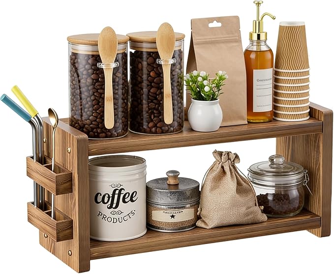 Solid Wood Coffee and Matcha Station Organizer - Farmhouse 2 Tier Shelf with Straw Holder for Matcha, Pods, Sugar, Tea, Cups, Stirrers, Mugs Storage for Home Kitchen Countertop