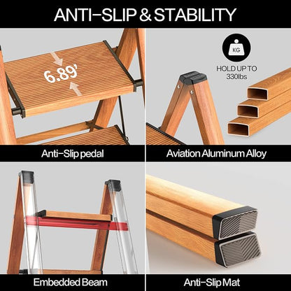 4 Step Ladder, Aluminum Folding Step Stool with Anti-Slip Sturdy and Wide Pedal, Lightweight Portable Stepladder for Home and Kitchen Use, Woodgrain, 330 lbs