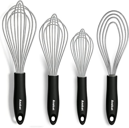Anaeat Stainless Steel Kitchen Whisk Set of 4, Milk and Egg Beater Blender with Thick Wire for Whisking, Cooking, Baking, Beating and Stirring - 11'' Flat Whisk and 9''+11''+12'' Balloon Whisks