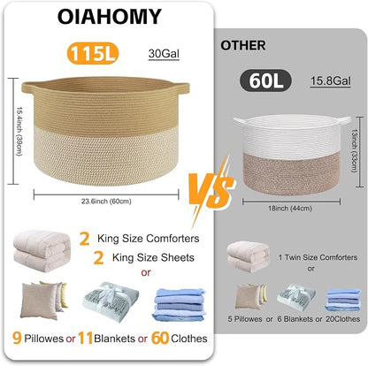 OIAHOMY 115L Extra Large Blanket Basket for Living Room, 23.6" x 15.4" Woven Cotton Rope Laundry Basket for Organizing Pillows, Decorative Stuffed Animal Toy Storage for Nursery, Jute and White