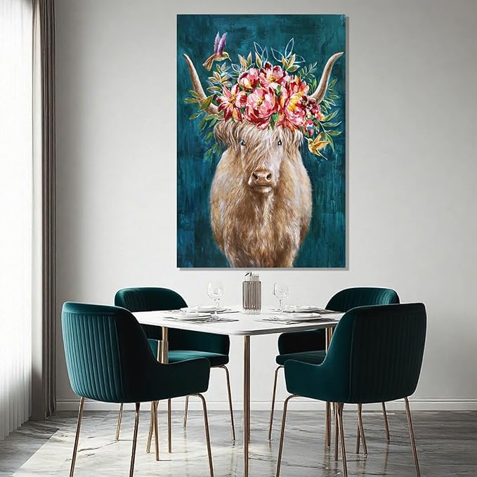 ZENPEE Highland Cow Canvas Wall Art with Pink and Blue Background, Farmhouse Wall Decor for Bedroom, Living Room, Office, Hallway, 24" x 36"