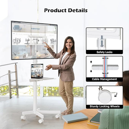 BONTEC Rolling TV Stand with Tilt, Mobile TV Stand Wheels for 23–65 Inch TVs, Portable Outdoor TV Cart with Adjustable Shelf for Living Room, Bedroom, Holds 88 lbs, Max VESA 400x400mm, White