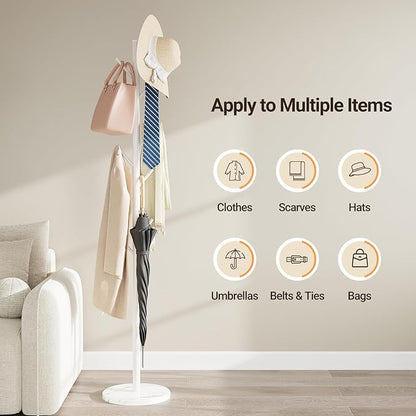 ELYKEN Coat Rack Freestanding with Natural Marble Base, Metal Coat Rack Stand with 10 Hooks, 3 Adjustable Size Coat Tree for Bags, Clothes, and Hats for Entryway, Bedroom, Hallway, Office, White