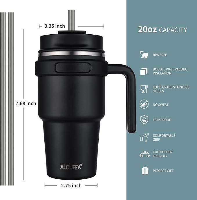 20 oz Insulated Coffee Mug Tumbler with Handle, Stainless Steel Travel Mug Tumbler with Lid and Straw,Double Wall Vacuum Leak Proof Ice Coffee Thermal Cup, Black/Rose Gold