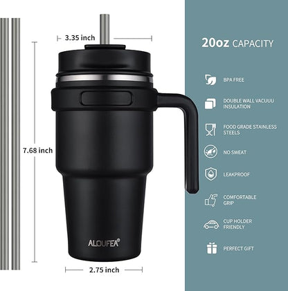 20 oz Insulated Coffee Mug Tumbler with Handle, Stainless Steel Travel Mug Tumbler with Lid and Straw,Double Wall Vacuum Leak Proof Ice Coffee Thermal Cup, Indigo Black