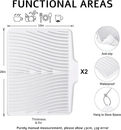 TIKNIK Silicone Dish Drying Mat for Kitchen Counter - Heat Resistant & Non-Slip Dish Drain Pad with Built-In Drain, Dishwasher Safe, Quick-Dry, Hangable & Roll-Up for Storage, White-2pcs, 20" x 15"