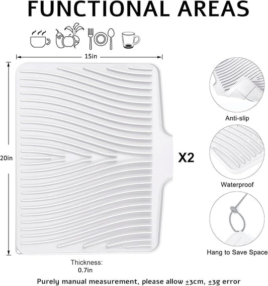TIKNIK Silicone Dish Drying Mat for Kitchen Counter - Heat Resistant & Non-Slip Dish Drain Pad with Built-In Drain, Dishwasher Safe, Quick-Dry, Hangable & Roll-Up for Storage, White-2pcs, 20" x 15"