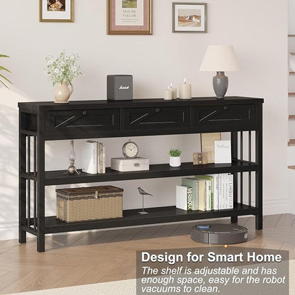 HSH Black Entryway Table with Drawers, 55” Sofa Table with Storage for Living Room, 3 Tier Console Tables with Shelves for Entrance, Wood Metal Entry Hallway Table Behind Couch, Black Oak, 55 Inch