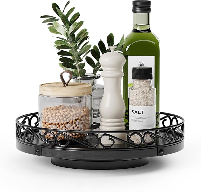 Yoobure 9" Lazy Susan Turntable for Cabinet - Farmhouse Wooden Round Tray for Table Top, 360° Rotating Lazy Susans Counter Organizer with Patterned Raised Edge for Kitchen Dining Table Decor, Black