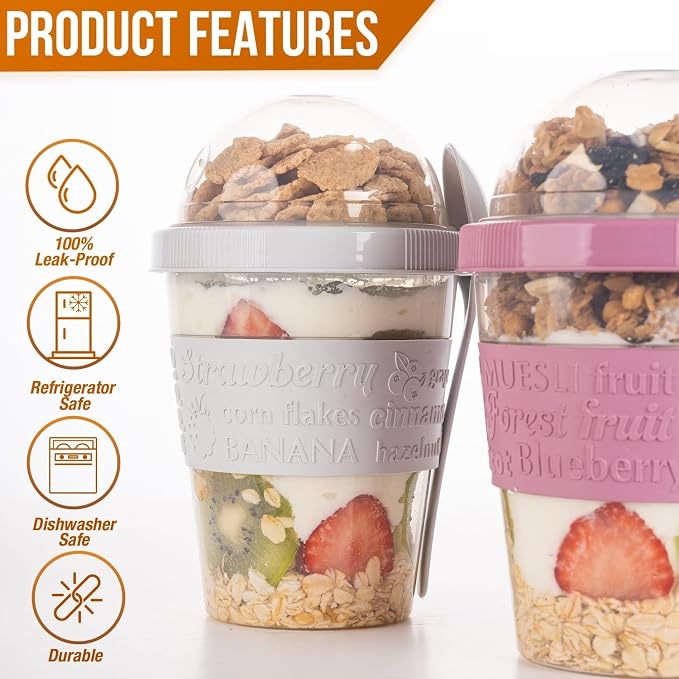 4-Pack Reusable Parfait Cups with Lids & Built-In Spoons - BPA-Free Dual-Compartment Containers for Oatmeal, Granola, Breakfast, Gym, and Travel - Leakproof & Dishwasher Safe - (20 oz)