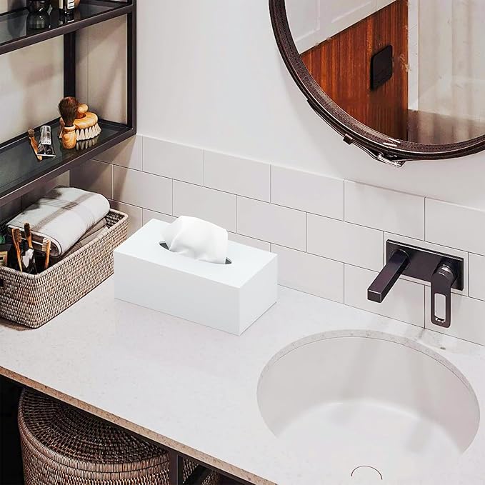 Acrylic Tissue Box Cover Rectangle, PITBVO White Tissue Box Holder, Facial Napkin Dispenser for Bathroom Kitchen Bedroom Office Hotel Use Shiny White