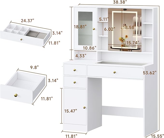 Vanity Desk with Mirror and Lights, White Vanity with Lighted Mirror and RGB Cabinet & Jewelry Organizers, Makeup Vanity Desk with Lights, Glass Top Dressing Table for Girls Bedroom