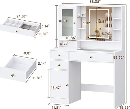Vanity Desk with Mirror and Lights, White Vanity with Lighted Mirror and RGB Cabinet & Jewelry Organizers, Makeup Vanity Desk with Lights, Glass Top Dressing Table for Girls Bedroom