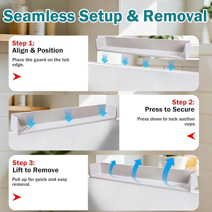 Bathtub Splash Guard for Tub Kids- 31" Extra Long Silicone Bath Play Shelf, Toy Tray & Caddy Holder, Prevent Water Spills & Messy Floors, Tub Edge Guard for Bathroom- Grey