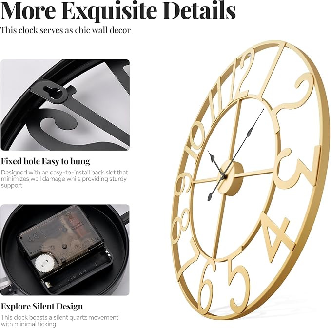 Gold Wall Clock 16 Inch, Decorative Wall Clocks Battery-Operated, Modern Metal Round Clock Silent Non Ticking Arabic Numerals for Living Room Kitchen Mantel Bedroom Office, Gold Wall Decor