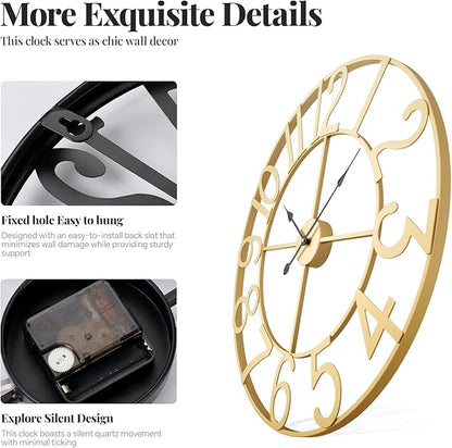 Extra Large Wall Clock 36 Inch Gold Wall Clock Battery Operated, Decorative Gold Clocks Silent Non Ticking for Living Room Kitchen Mantel Decor, Metal Round Modern Clock Arabic Numerals