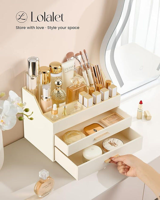 Lolalet Makeup Organizer for Vanity Desk, 3-Layer PU Leather Luxury Make Up Storage Cosmetics Holder Box with Drawers -Beige