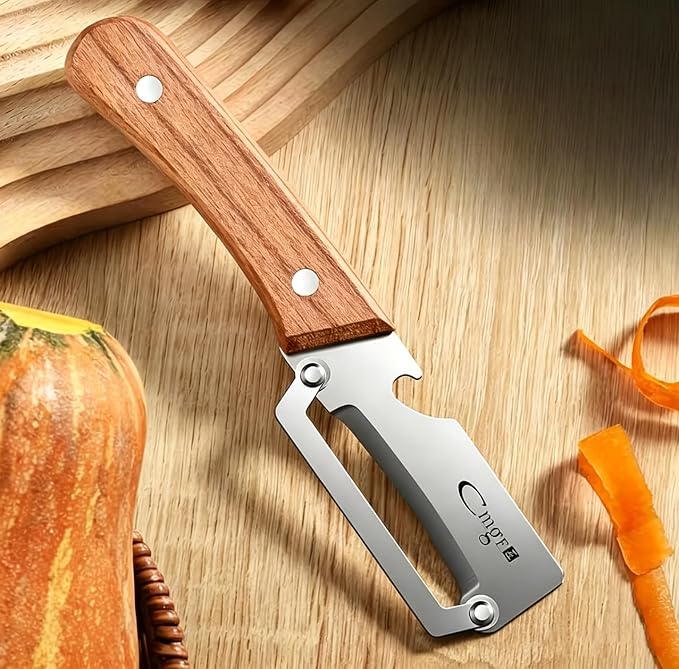 2-in-1 Vegetable Peeler with Built-in Bottle Opener, Sharp Stainless Steel Potato & Fruit Peeler, Ergonomic Wooden Handle Kitchen Gadget for Home, BBQ, Camping