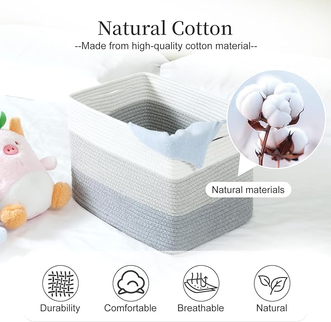Hopegiver 1 Pack Woven Storage Baskets for Shelves, 15x11x10 Inch Cotton Rope Decorative Organizer Bins for Blanket Clothes Book Baby Pet, Gift Toy Basket for Living Room, Office, Bathroom & Nursery