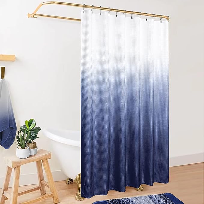Mrs.Naturall Navy Blue Shower Curtain,Nautical Masculine Men Ombre Dark Blue Pattern Shower Curtains for Bathroom,Set with Hooks,Blue and White