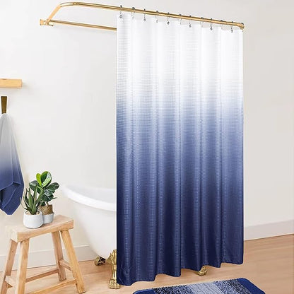 Mrs.Naturall Navy Blue Shower Curtain,Nautical Masculine Men Ombre Dark Blue Pattern Shower Curtains for Bathroom,Set with Hooks,Blue and White