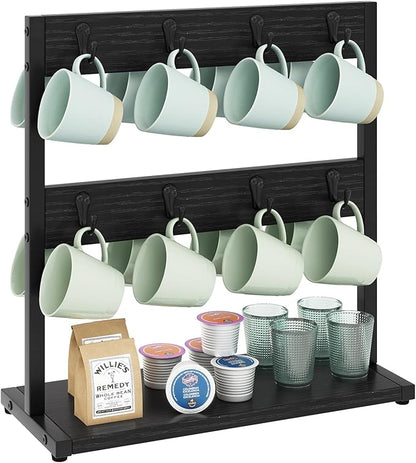 IBUYKE Wood Coffee Mug Holder for Countertop,16 Hook Mug Tree Holder Rack with Storage Base,Mug Display Organizer,Mug Holders for Home Kitchen,Black UTBJ001B