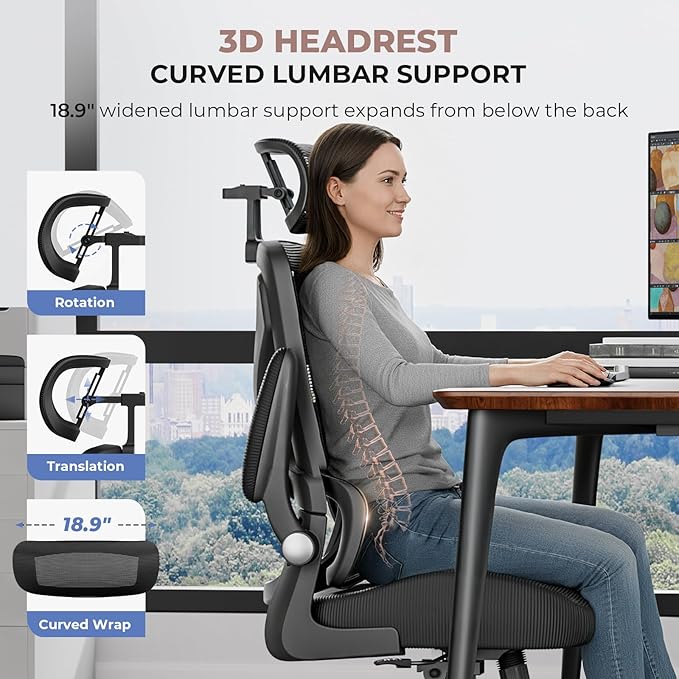 Ergonomic Office Chair with Headrest, Lumbar Support, Flip-Up Armrests, Thick Memory Foam Seat - 350lbs Capacity, Adjustable Height for Big & Tall, Perfect for Home Office Studios