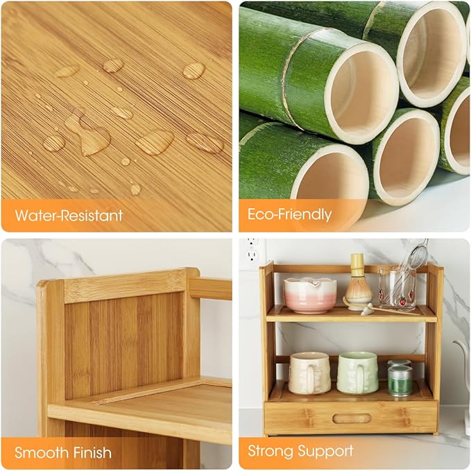 AIEVE Matcha Station Organizer, 2-Tier Bamboo Shelf with Hidden Drawer, Coffee Station Organizer Mug Holder Shelf for Matcha Whisk Set Bowl Cup Scoop Sifter