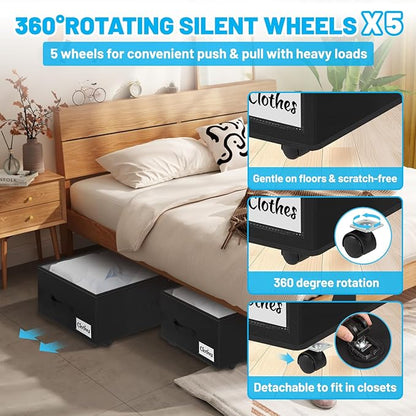 Under Bed Storage with Wheels, 3-Pack 10" Height XXL 75L Rolling Storage Bins, Quick Assembly Underbed Shoe Storage Containers with Clear Lid & Label, Dorm Under Bed Drawers for Clothes, Shoes, Black