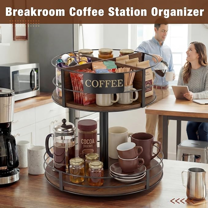 Sieral 360° Rotating Coffee Bar Organizer 2 Tier Coffee Bar Lazy Susan Wood Metal Station Organizer Holder with Convenient Grab-and-go for Countertop Pod Syrup Mug Tea Spice Snack Kitchen Office