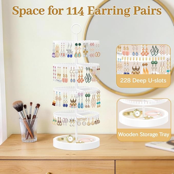 MODOWEY 4 Tier Rotating Earring Holder Organizer Display Tree with Wooden Tray, Adjustable Plastic Stand with 228 Slots for Stud Hoop Hanger, Large Capacity Storage Rack for Women Space Saving, White