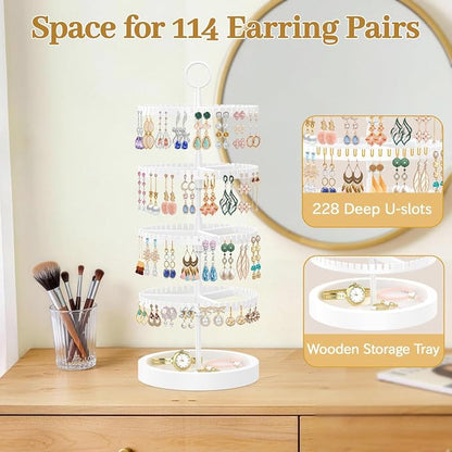 MODOWEY 4 Tier Rotating Earring Holder Organizer Display Tree with Wooden Tray, Adjustable Plastic Stand with 228 Slots for Stud Hoop Hanger, Large Capacity Storage Rack for Women Space Saving, White