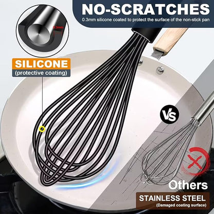 Eddeas Mini Silicone Whisk, Small Silicone Whisk 7+9in, BPA free Non Scratch Coated Protect your Ceramic Pots and Pan.Perfect for Whisking, Beating, Mixing.Black