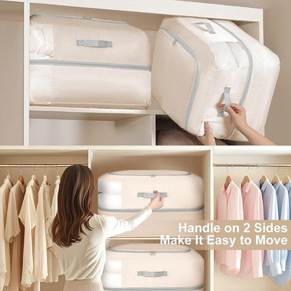 Comforter Storage Bag - 110L Large Capacity Blanket Storage Bags 2-Layer Ultra Space Saving Self Compression Organizer, Washable Compression Bags for Storage Comforter Blanket, 1-Pack, Beige