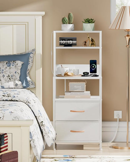 Furnulem Night Stand, Tall White Nightstand with 4-Tier Shelves, 2 PU Fabric Drawers and Led Lights, Bed Side Tables with Charging Station, Bedside Table for Bedroom