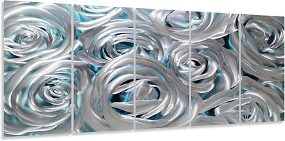YHSKY ARTS Huge Silver Flower Metal Wall Art Hand Crafted Sculpture Set for Living Room Decor