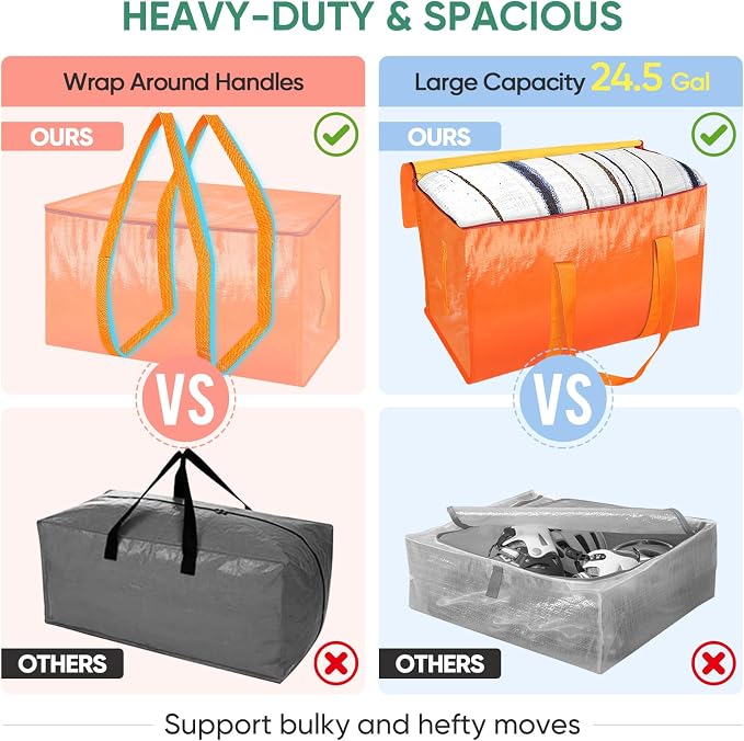 BALEINE 2-Pack Oversized Moving Bags with Reinforced Handles, Heavy-Duty Storage Tote for Clothes, Moving Supplies (Orange, 2-Pack)