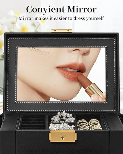 TORIBIO Jewelry Box for Women, Leather Jewelry Organizer with Mirror & Lock, 3-Tier Jewelry Storage Organizer with 2 Drawers for Girls/Women/Mothers, Necklace Earring Bracelets Holder Organizer