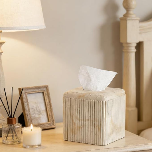 Natural Travertine Texture Striped Square Tissue Box Cover Decorative,Resin Heavy Sturdy Tissue Box Holder, Facial Paper Holder for Bathroom Vanity Countertop, Bedroom Night Stand,Office and End Table