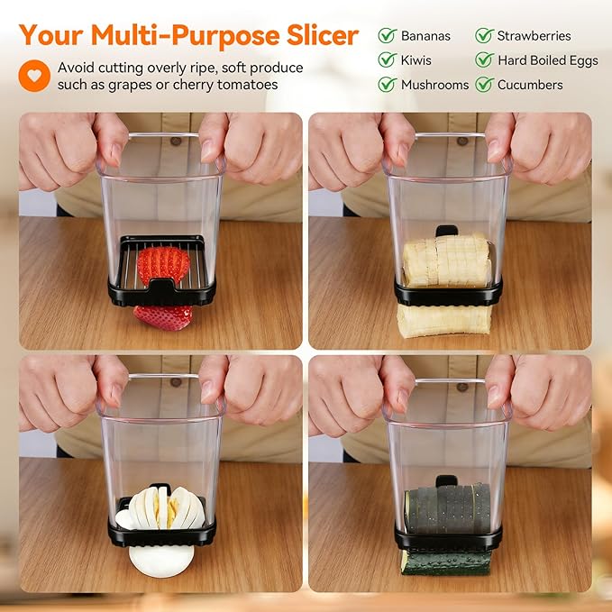 2 Pack Fruit Slicer Cup for Strawberry, Banana, Hard-Boiled Egg - Detachable Cutter with Push Plate - Rapid & Safe Slicing Kitchen Gadget for Quick Meal Prep (Black)