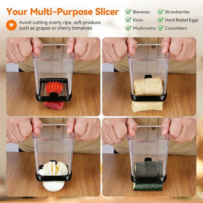 2 Pack Fruit Slicer Cup for Strawberry, Banana, Hard-Boiled Egg - Detachable Cutter with Push Plate - Rapid & Safe Slicing Kitchen Gadget for Quick Meal Prep (Black)