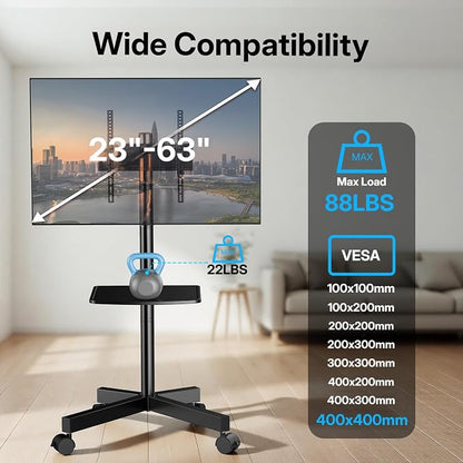 PERLESMITH Rolling TV Stand for 23-63 Inch Flat/Curved Screen TVs up to 88 lbs, Mobile TV Stand on Wheels, Portable TV Stand with Tilt & Height Adjustable,Outdoor TV Stand Max VESA 400x400mm PSTVMC10