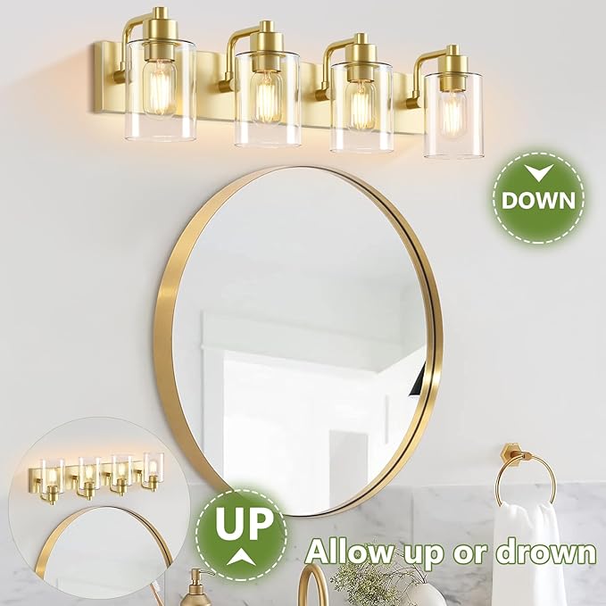 Gold Bathroom Light Fixtures,Gold Vanity Light Wall Sconces,4-Light Bathroom Lights Over Mirror with Clear Glass Shade for Kitchen Living Room Bedroom