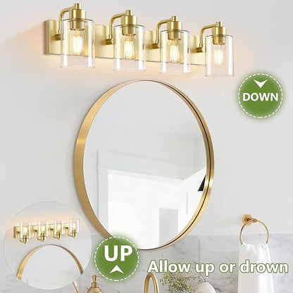 Gold Bathroom Light Fixtures,Gold Vanity Light Wall Sconces,4-Light Bathroom Lights Over Mirror with Clear Glass Shade for Kitchen Living Room Bedroom