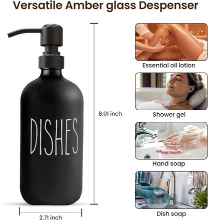Sunrise Premium 16 OZ Thick Black Glass Soap Dispenser, Matte Black Stainless Steel Pump 2 Pack, Hand and Dish Soap Dispenser Set for Bathroom with 6 Waterproof Labels